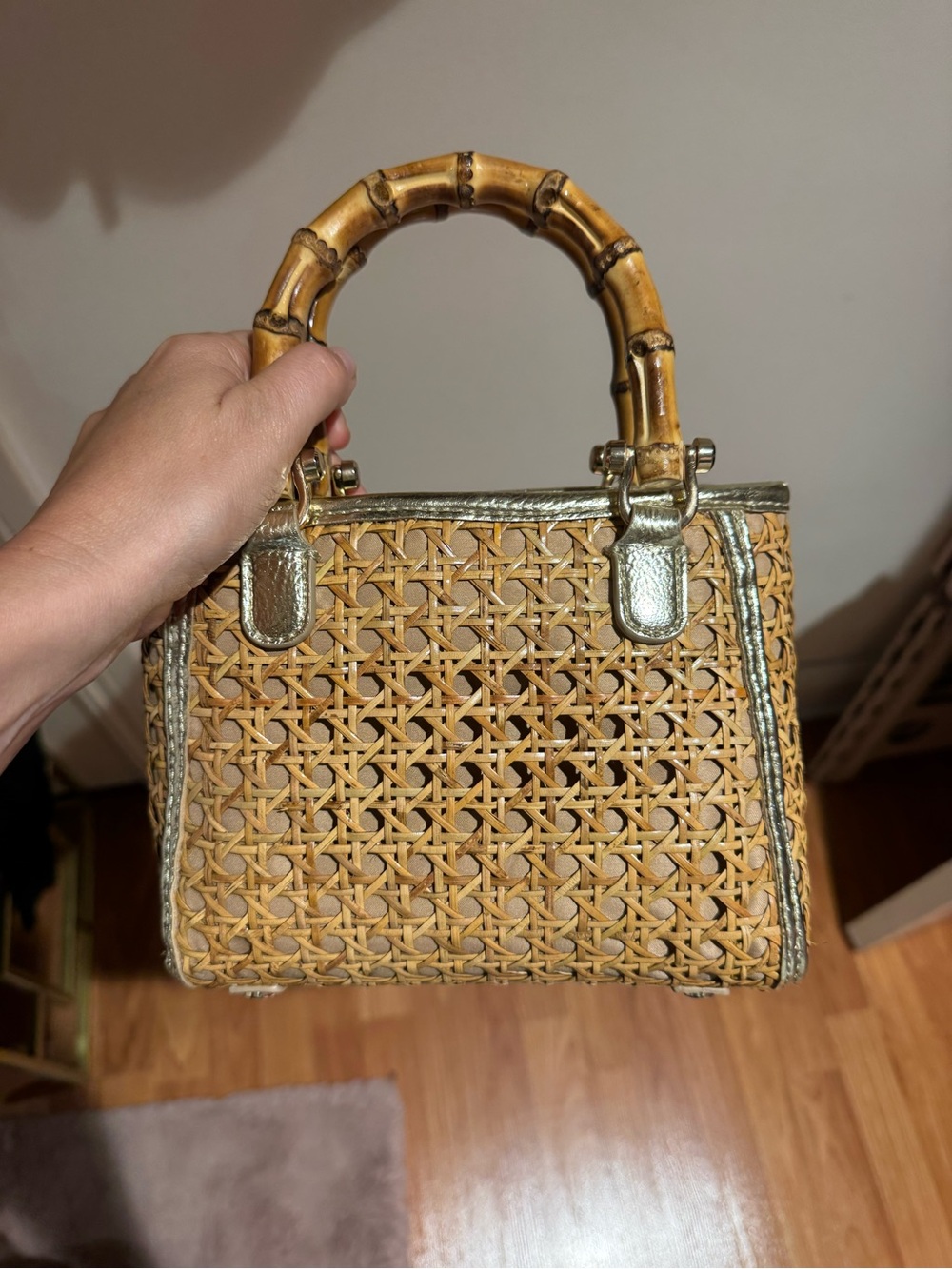 Lilly Pulitzer Adrian Cane Mini Bag woven rattan body and natural bamboo - Picture 2 of 2